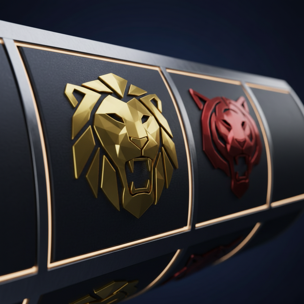 Slot machine reel showing stylized gold lion and tiger icons