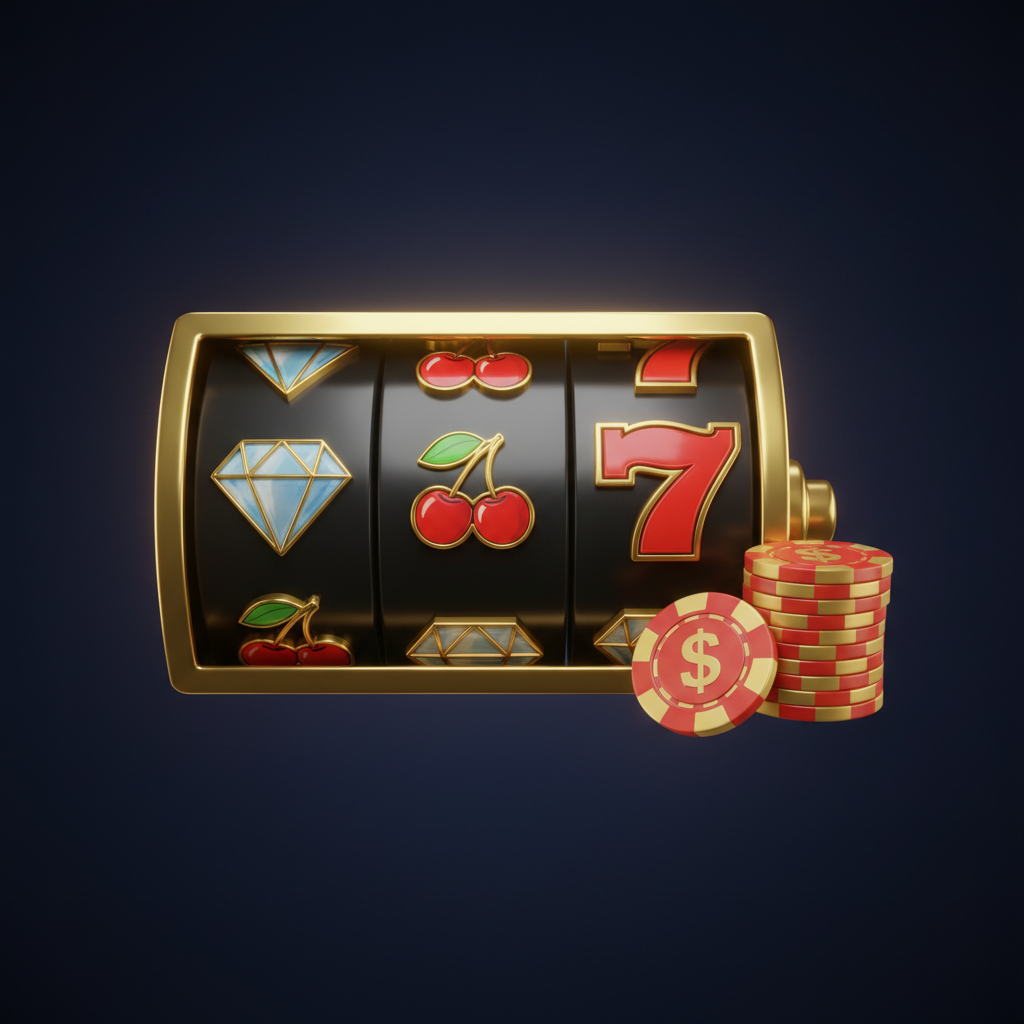 Slot machine reel beside a stack of glossy gold coins and casino chips