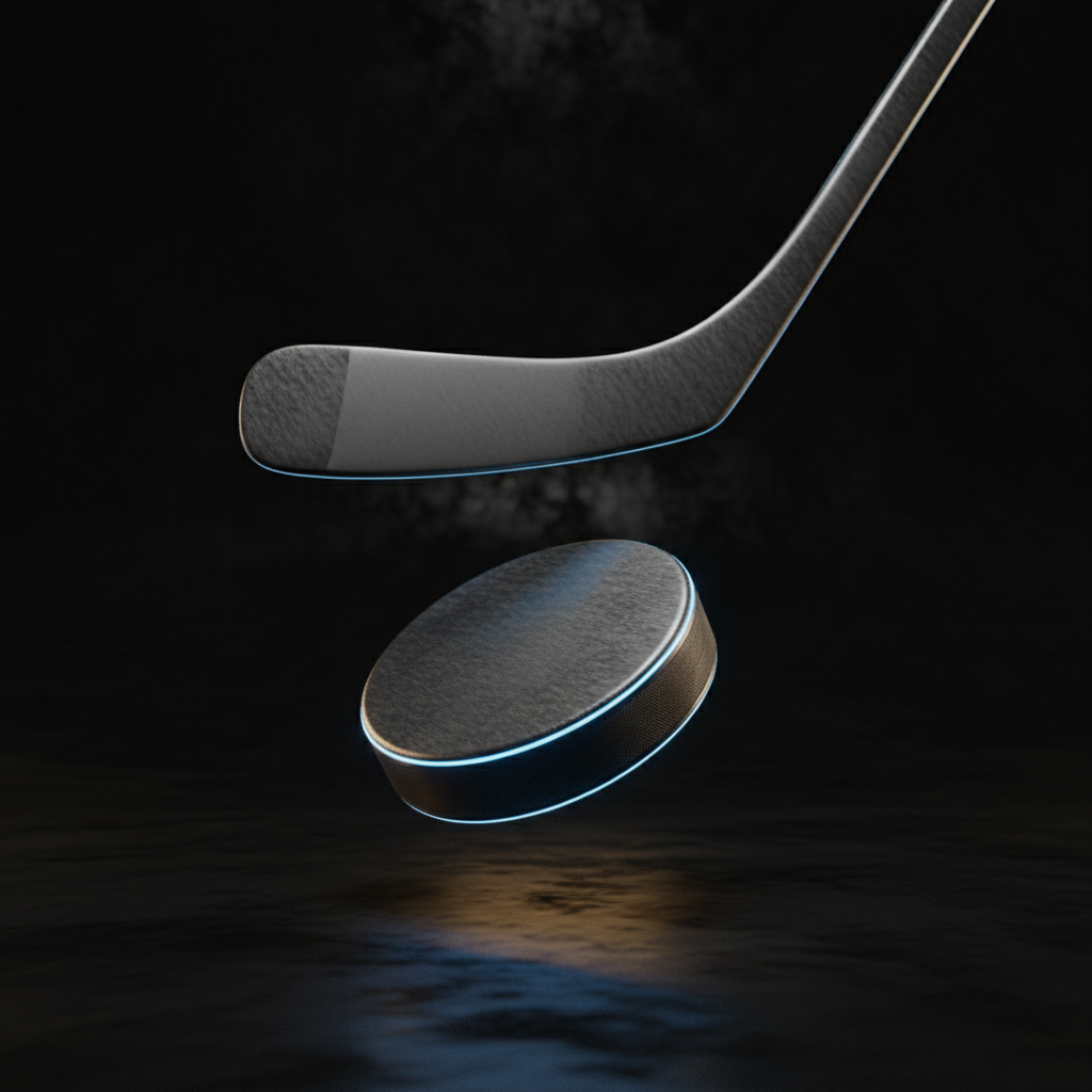 Matte-metallic 3D hockey puck and stick blade with a cool blue rim light